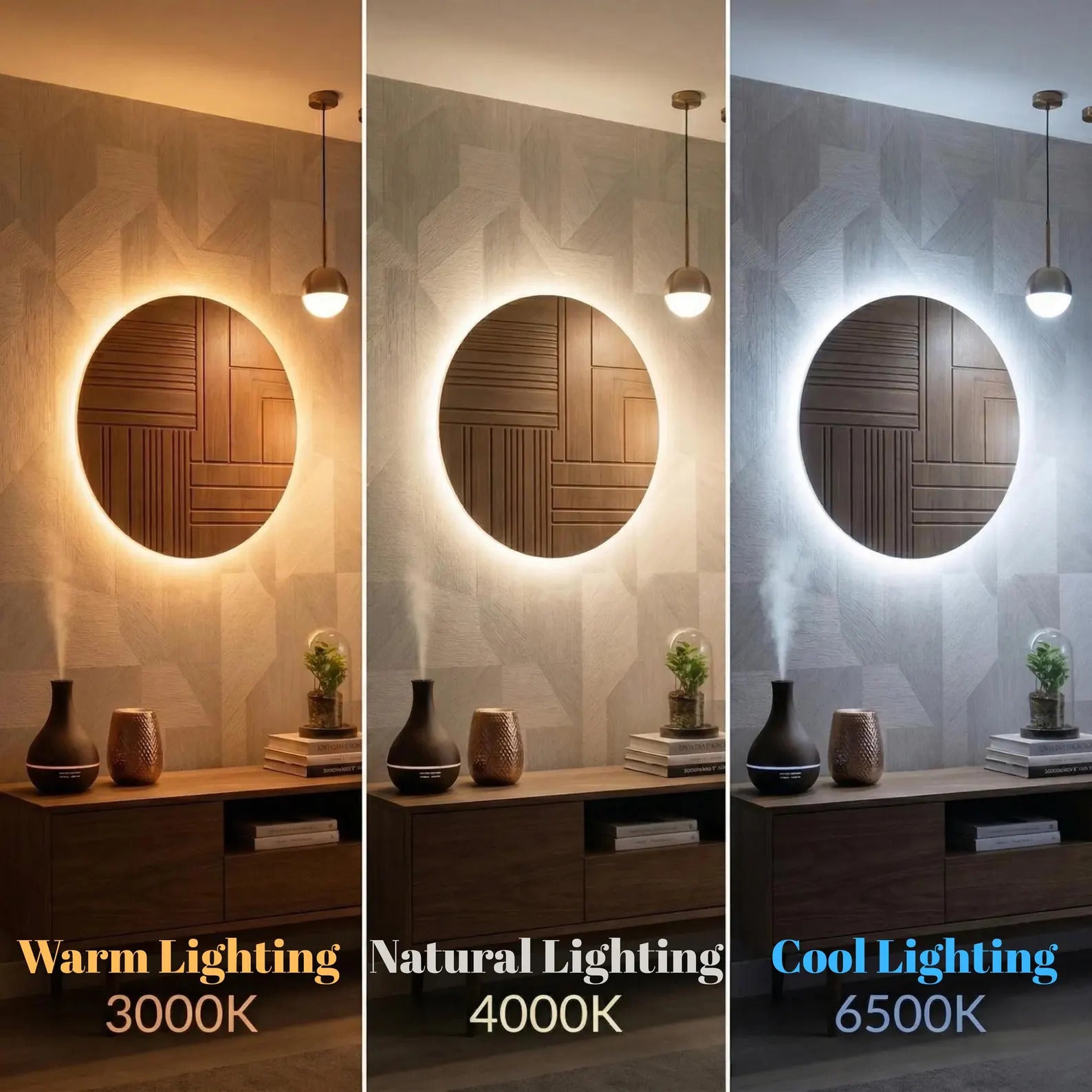 Round Wall Mirror frontlite 3 Light Modes Natural, Warm & Cold White