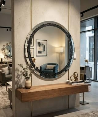Black Diamond Crush Crystal Round Wall Mirror
