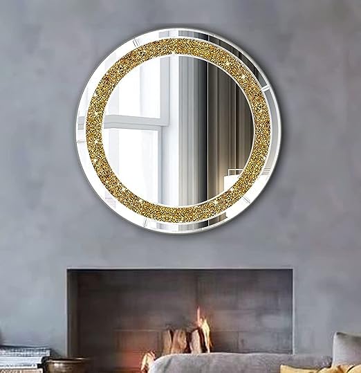 Gold Diamond Crush Crystal Round Wall Mirror