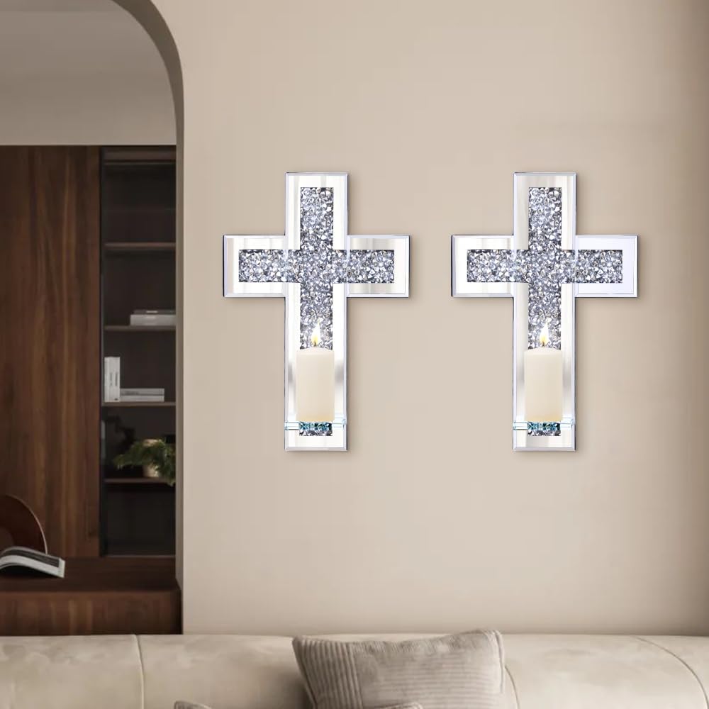Crystal Cross Diamond Wall Candle Holder Set of 2