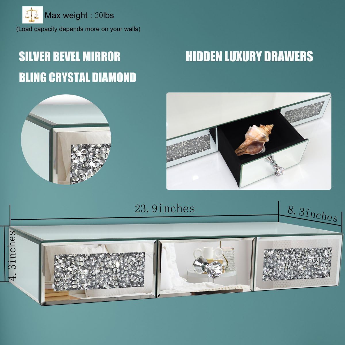 Mirrored Floating Shelves Wall Mounted with drawer