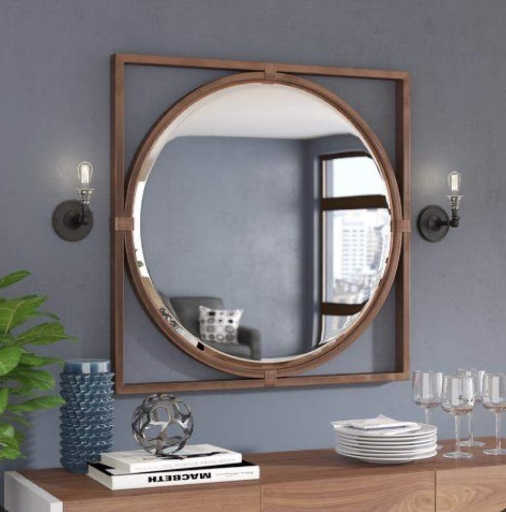 Square Wood Framed Wall Mirror