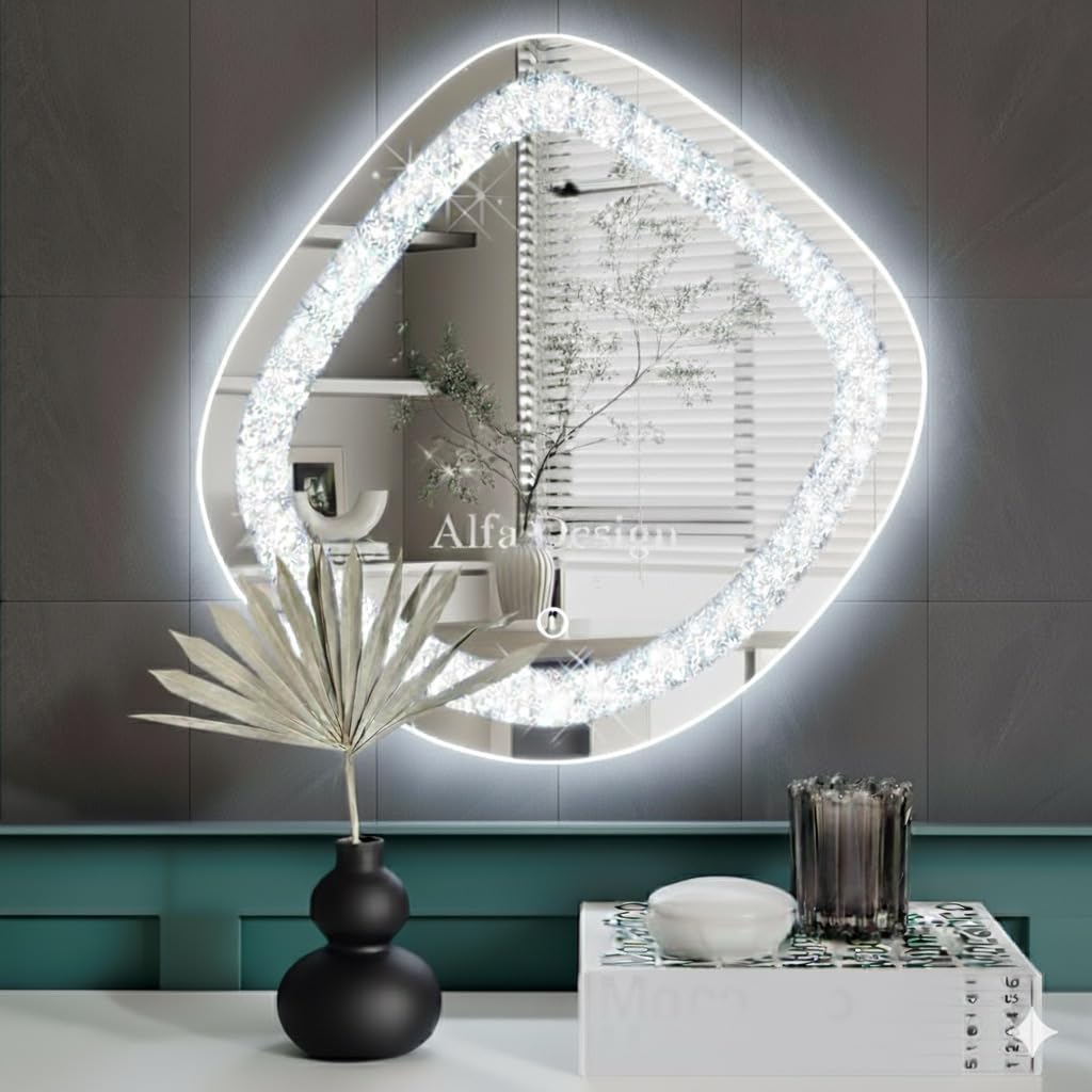 Irregular Crush Crystal Round LED Wall Mirror Frontlite