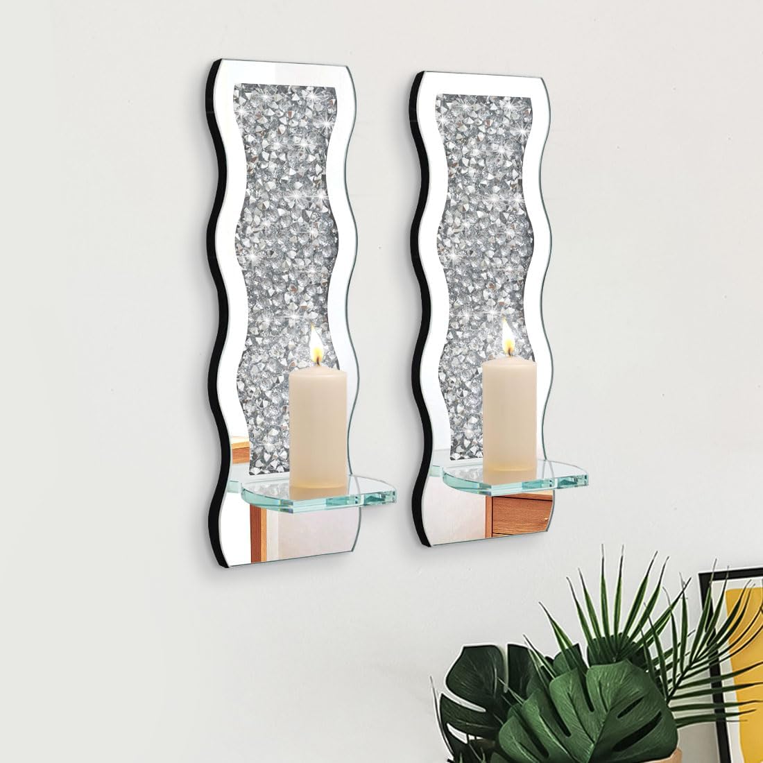Crystal Wave Diamond Wall Candle Holder Set of 2