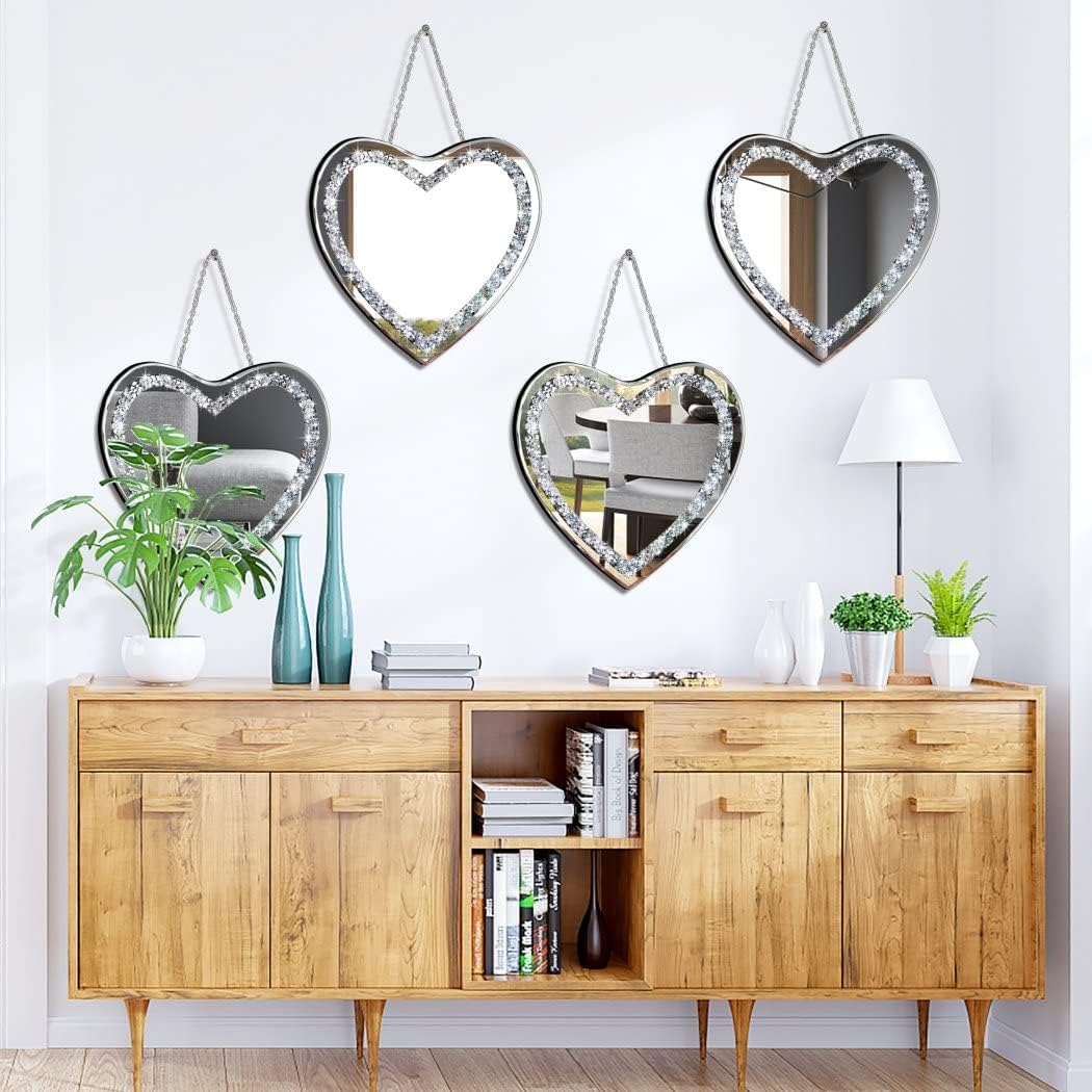 2 Piece Heart Mirrors, Crush Diamond Wall Décor 12x12 inch
