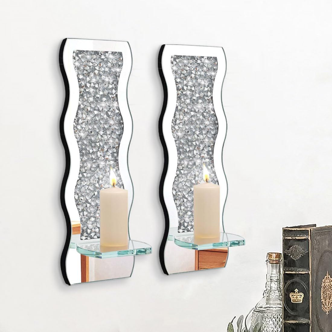 Crystal Wave Diamond Wall Candle Holder Set of 2