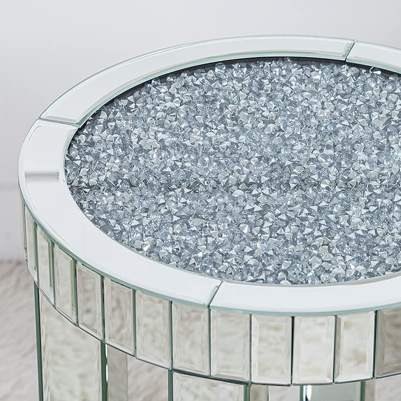 Mirrored End Table Round with Crystals Inlay, 2-Tier