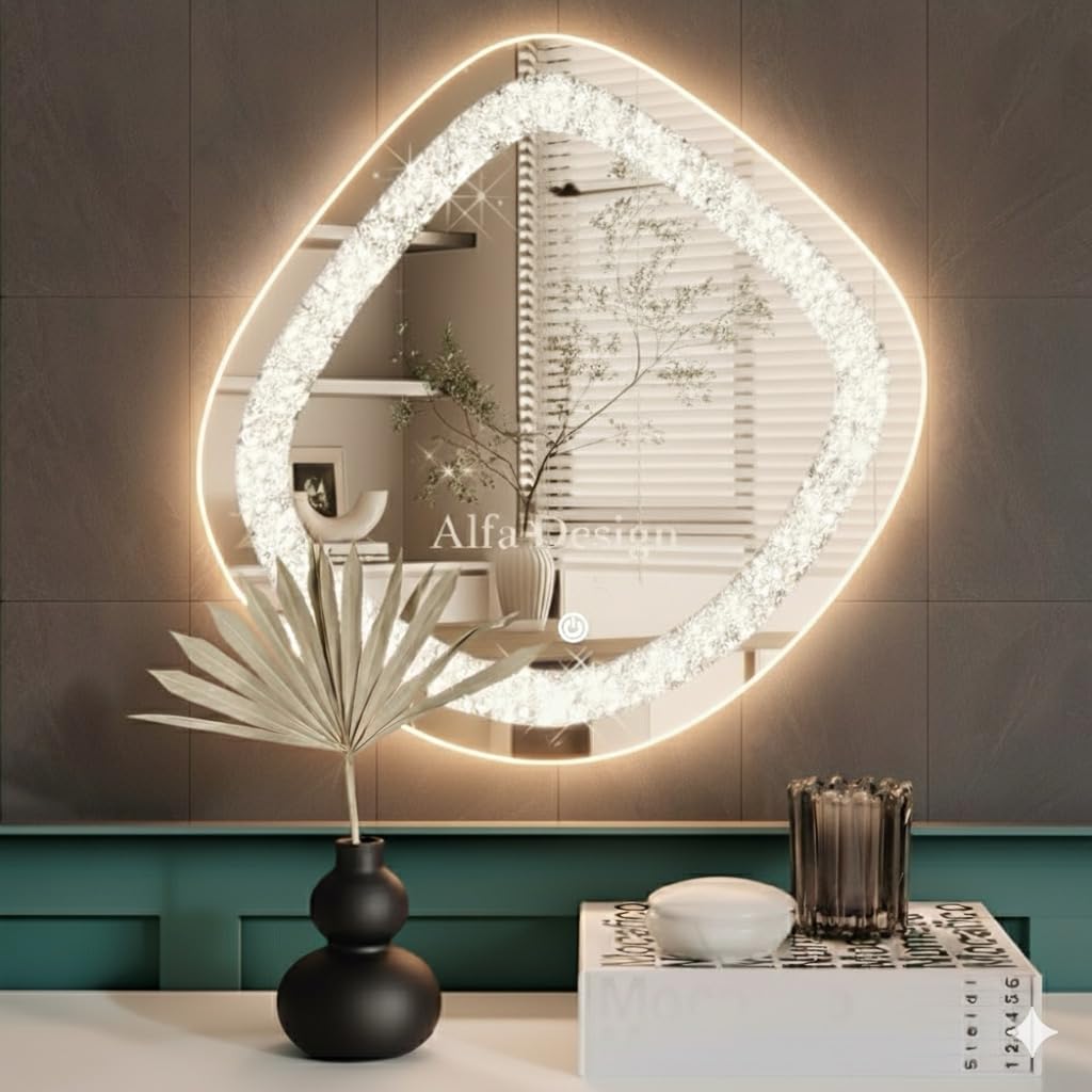 Irregular Crush Crystal Round LED Wall Mirror Frontlite