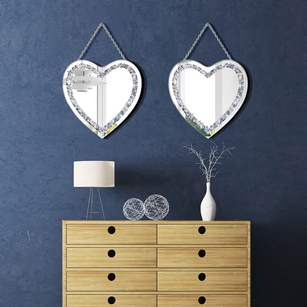 2 Piece Heart Mirrors, Crush Diamond Wall Décor 12x12 inch