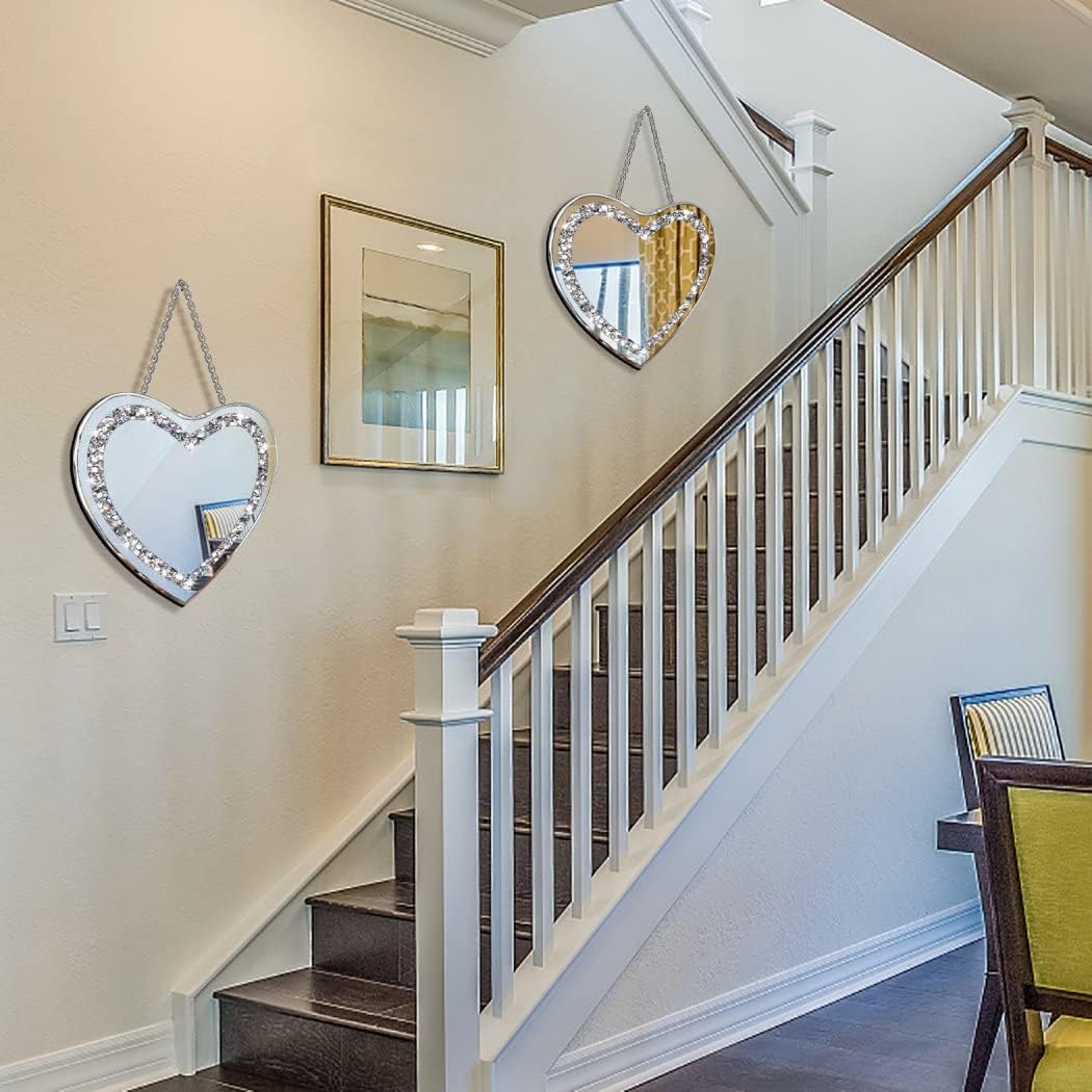2 Piece Heart Mirrors, Crush Diamond Wall Décor 12x12 inch