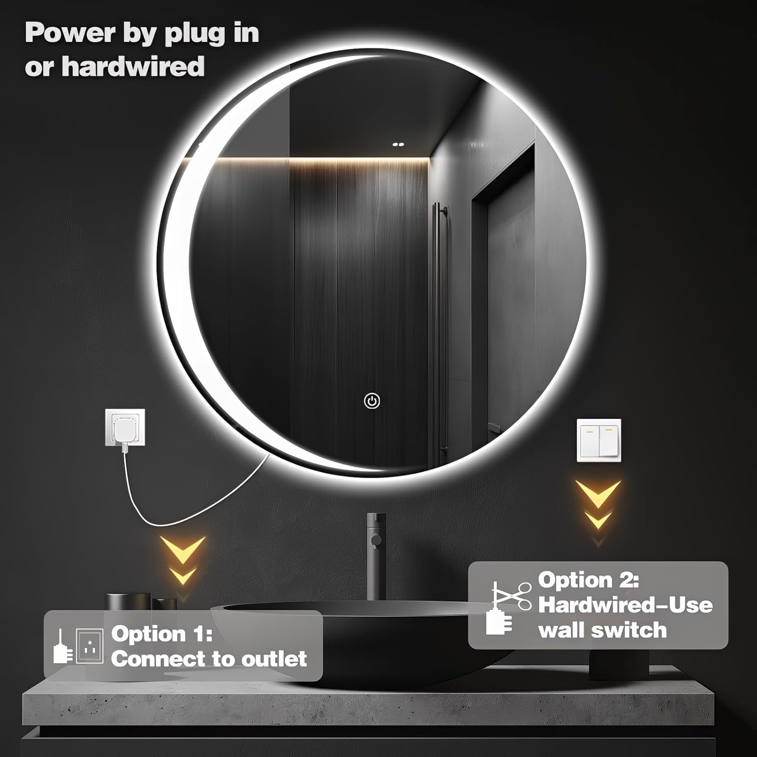 LED Round Moon Design Wall Mirror