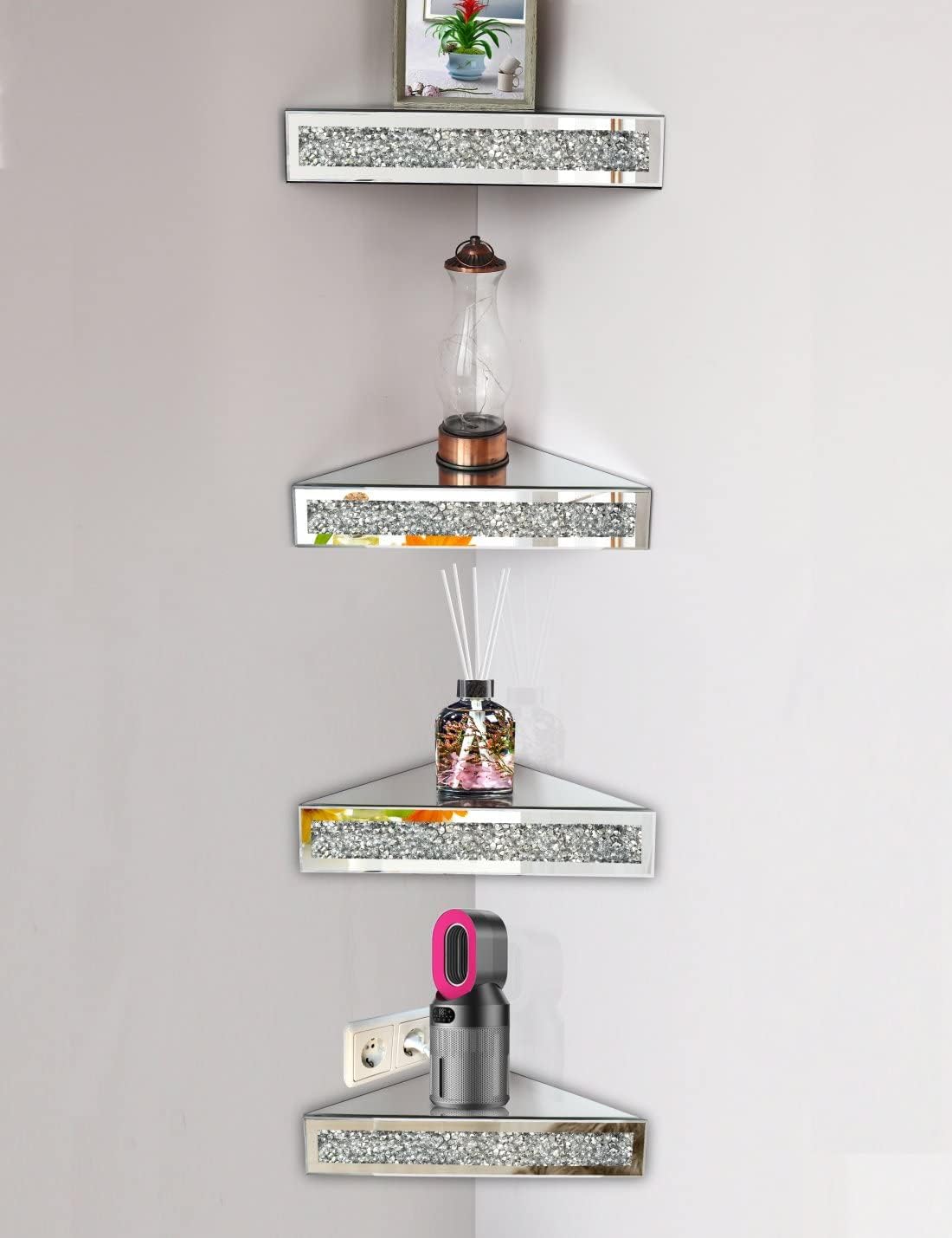 Diamond Crush Mirrored Floating Corner Shelf (Set of 2)