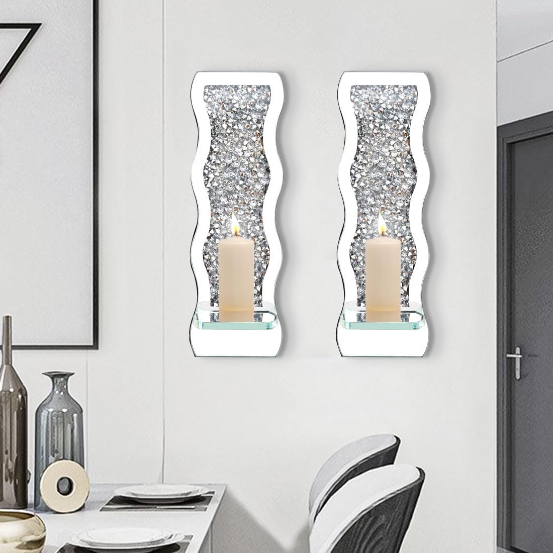 Crystal Wave Diamond Wall Candle Holder Set of 2