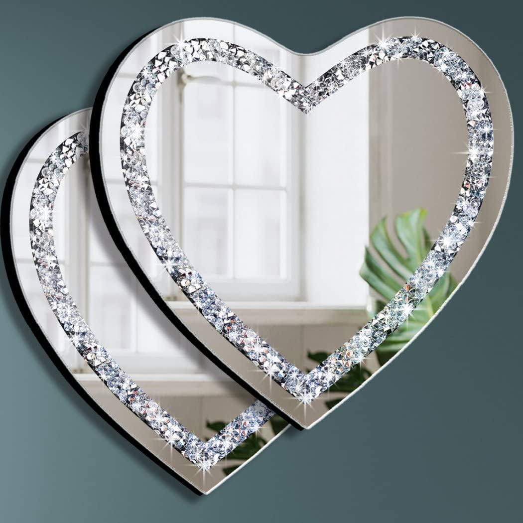 2 Piece Heart Mirrors, Crush Diamond Wall Décor 12x12 inch