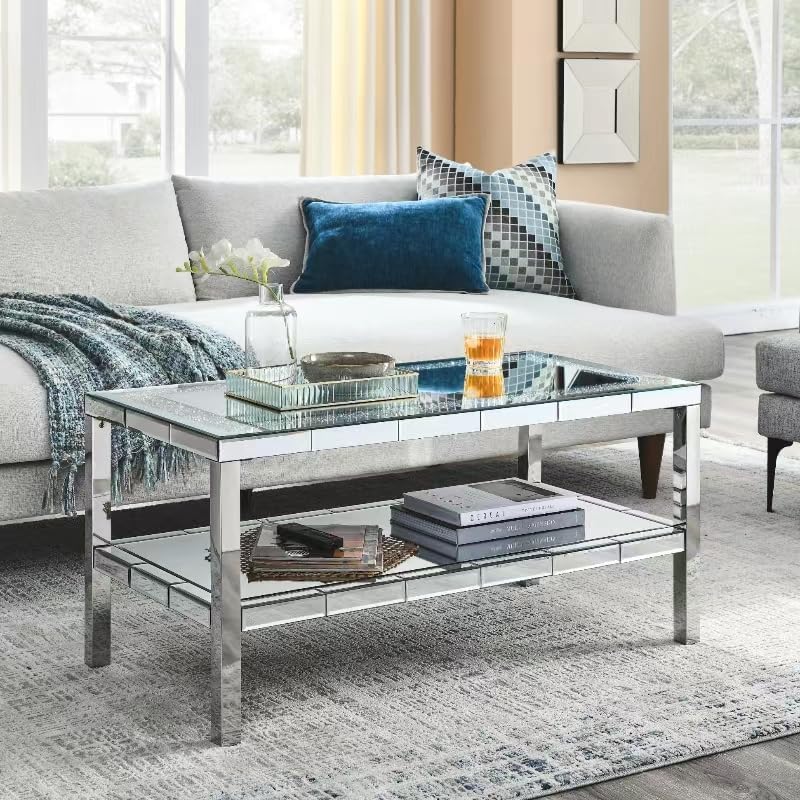 Silver Mirrored Coffee Table, 39" Rectangle Modern