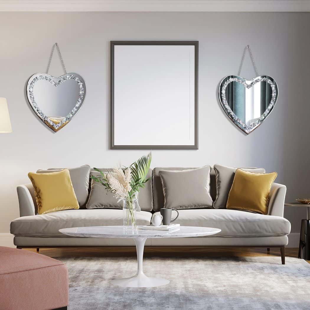 2 Piece Heart Mirrors, Crush Diamond Wall Décor 12x12 inch