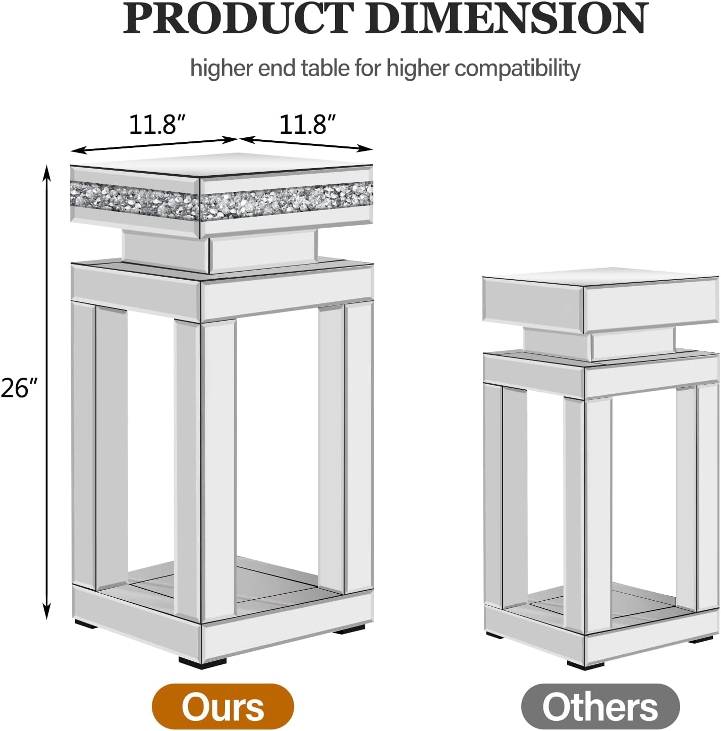 Silver Mirrored End Table, Modern Crushed Diamond