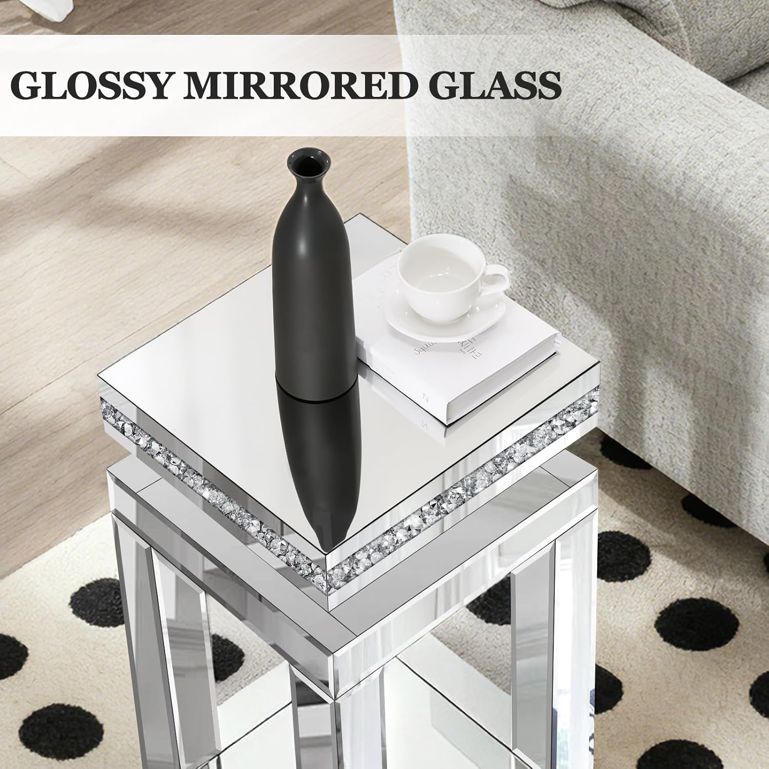 Silver Mirrored End Table, Modern Crushed Diamond