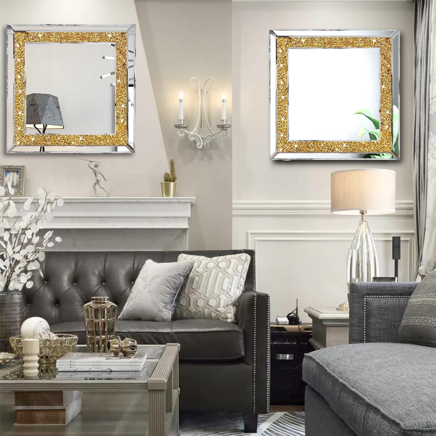 2 Piece Wall Mirrors, Gold Crush Diamond Wall Décor 12x12 inch