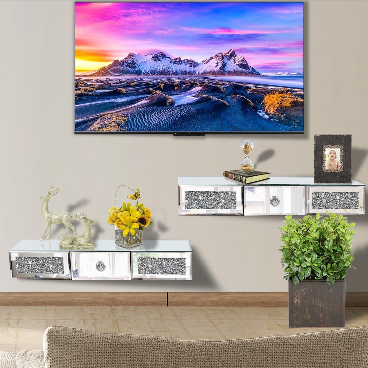 Mirrored Floating Shelves Wall Mounted with drawer