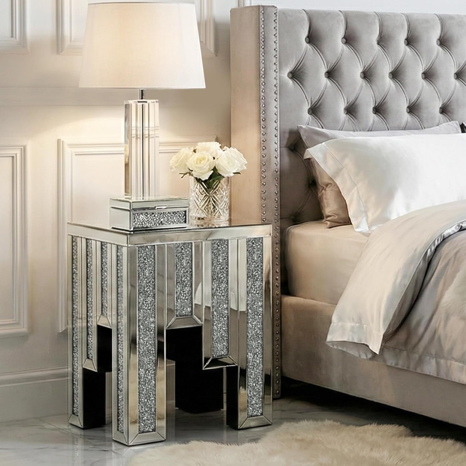 Mirrored Accent End Table, Crushed Diamond