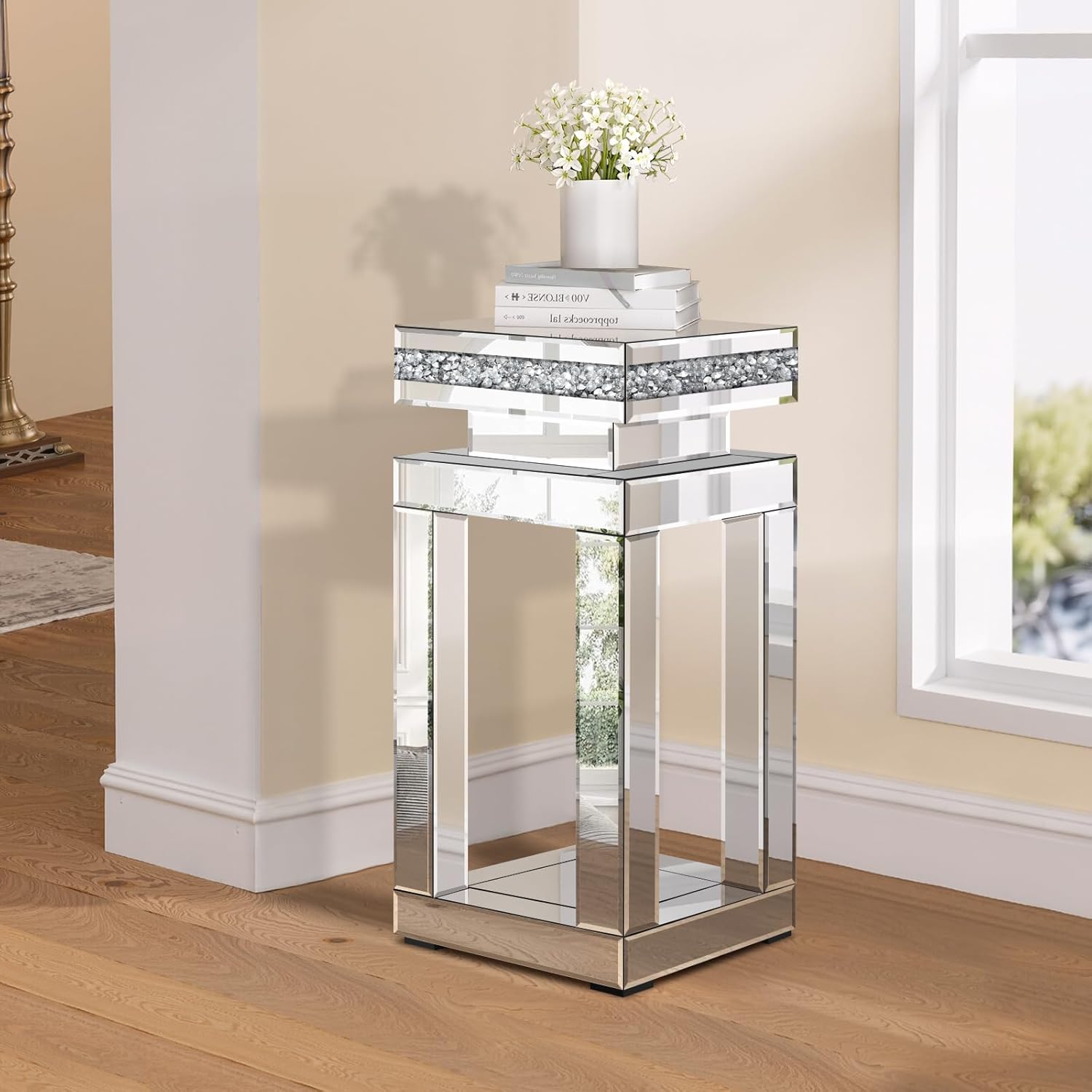 Silver Mirrored End Table, Modern Crushed Diamond