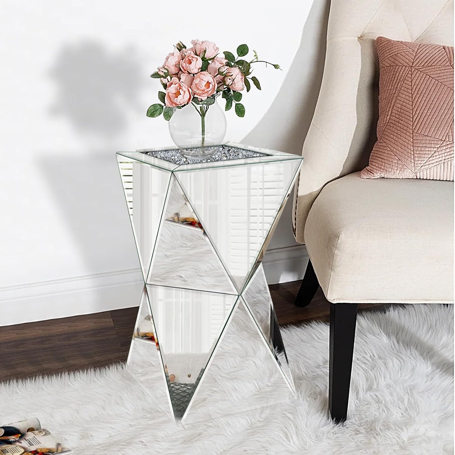 Pregaspor Sliver Mirrored End Table, Crushed Diamond Top Accent Side Table