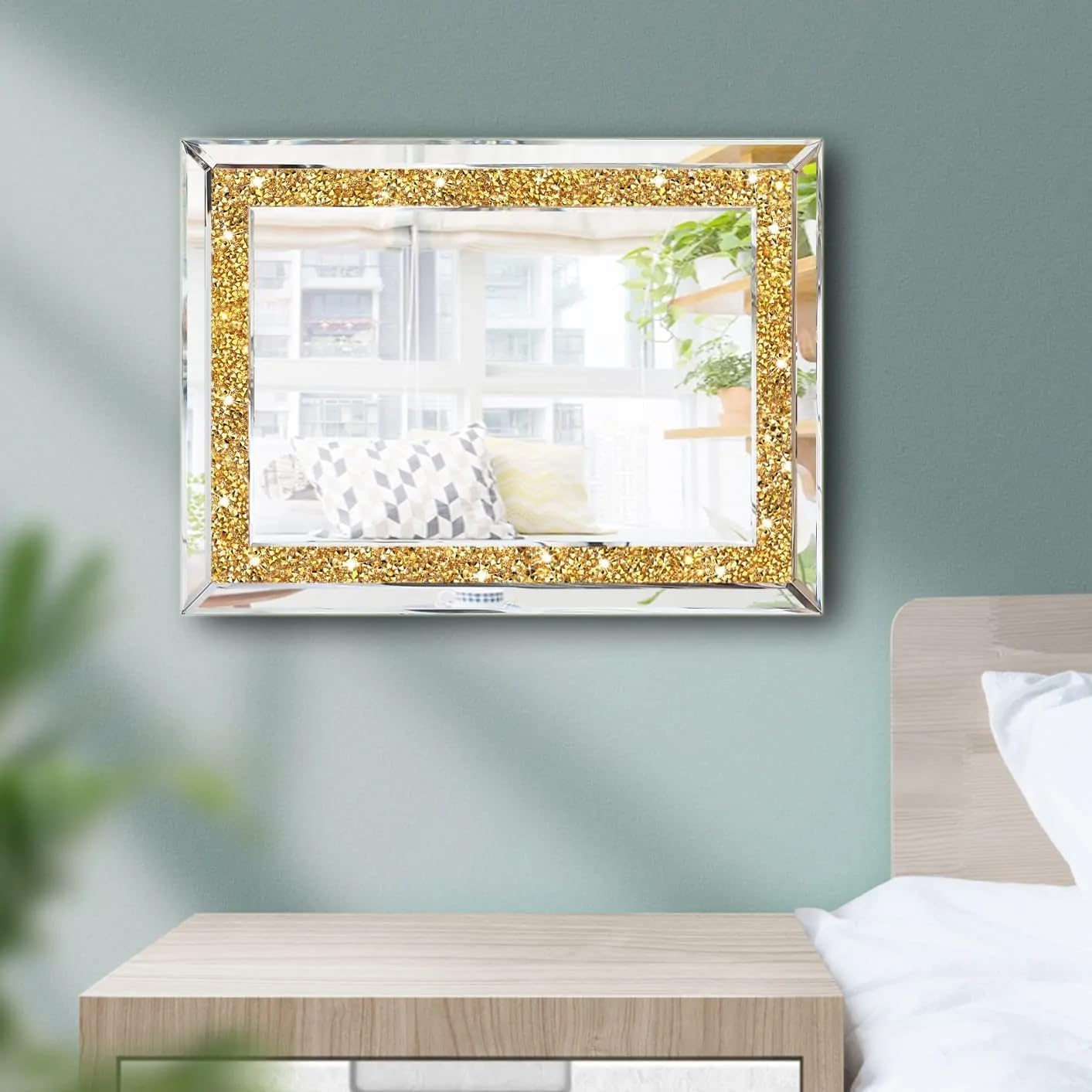 Rectangular Diamond Crush Crystal Mirror Gold