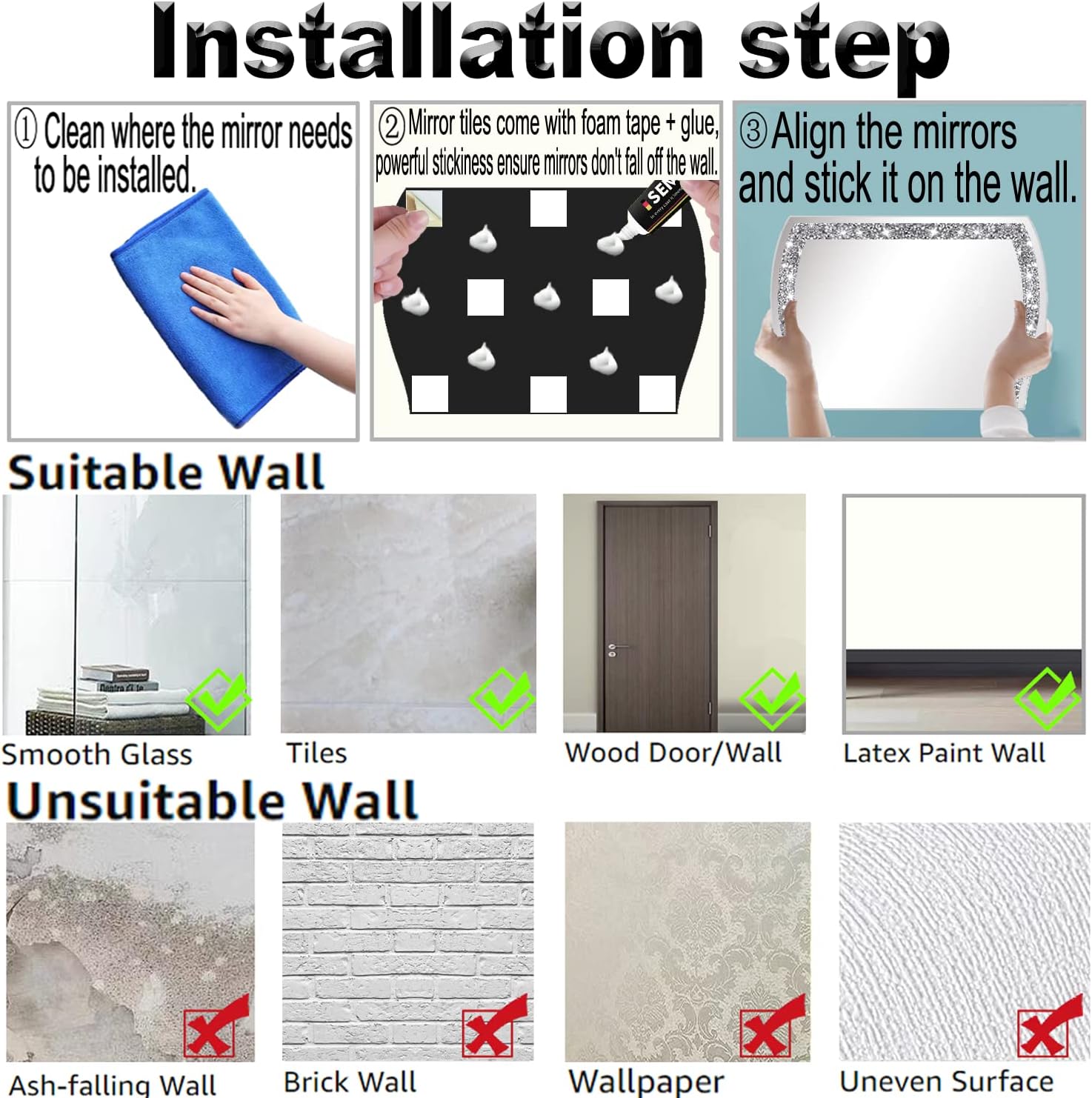 Wave Pattern Crushed Diamond Body Mirror Set - 4pcs 11x15 inch