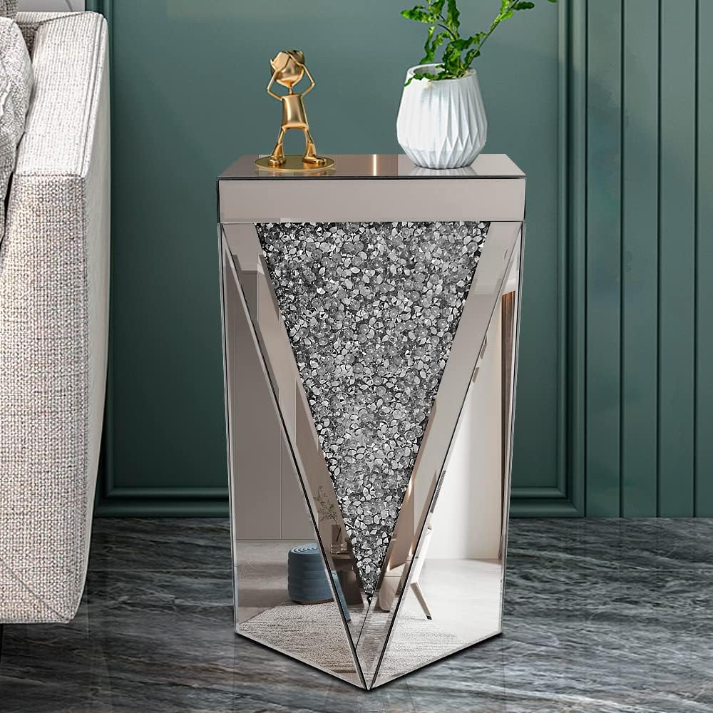 Pregaspor Silver Mirrored End Table, Crystal Inlay Side Table