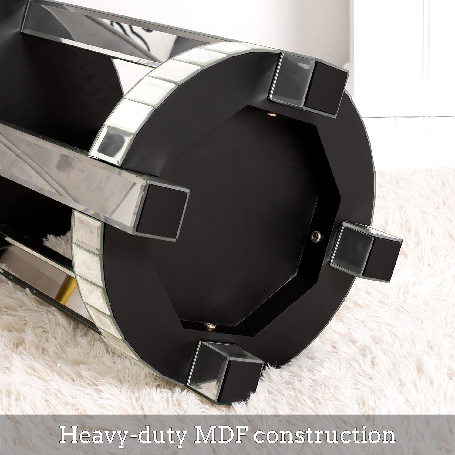 Mirrored End Table Round with Crystals Inlay, 2-Tier