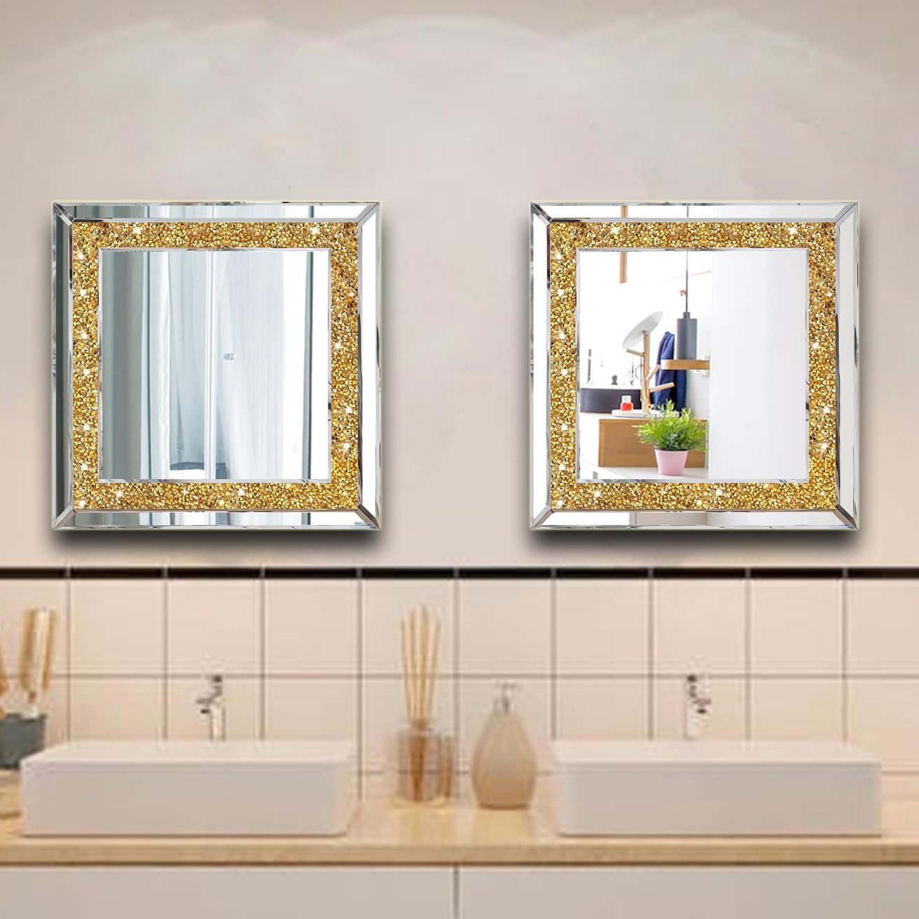 2 Piece Wall Mirrors, Gold Crush Diamond Wall Décor 12x12 inch