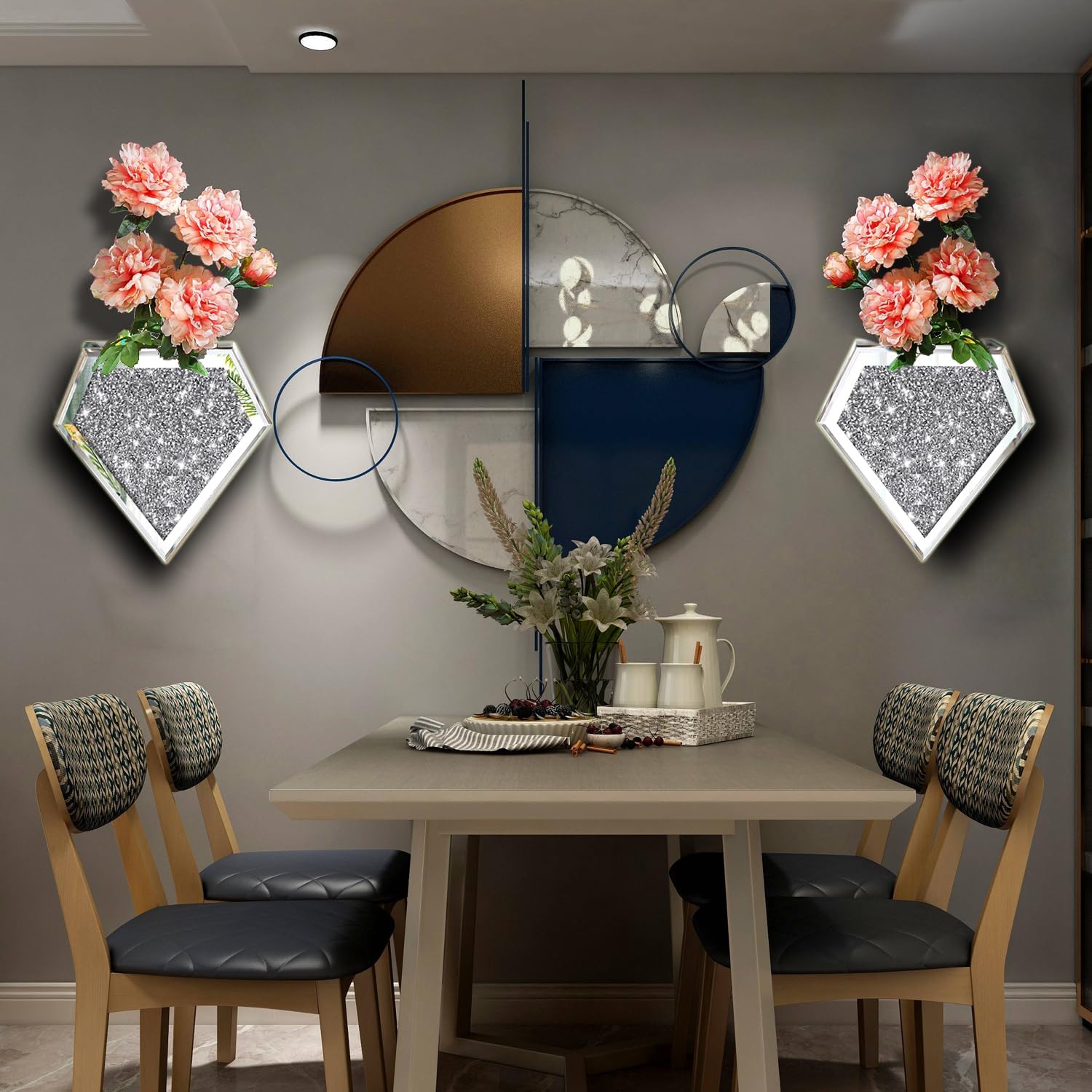 Flower Vase Crushed Diamond Mirrored Hanging Planter Set of 2