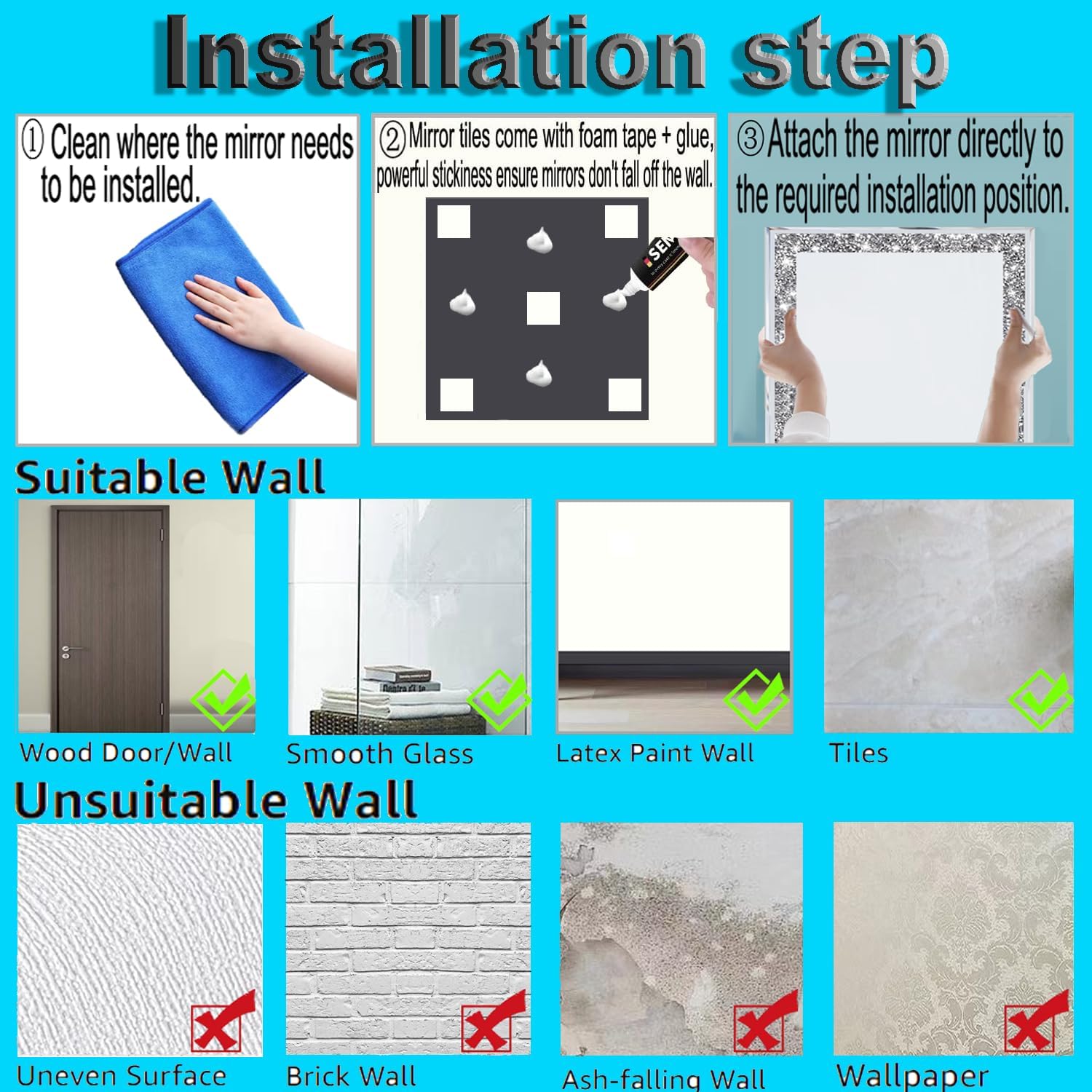 8 Pack Square Silver Diamond Glass Mirrors 6inch