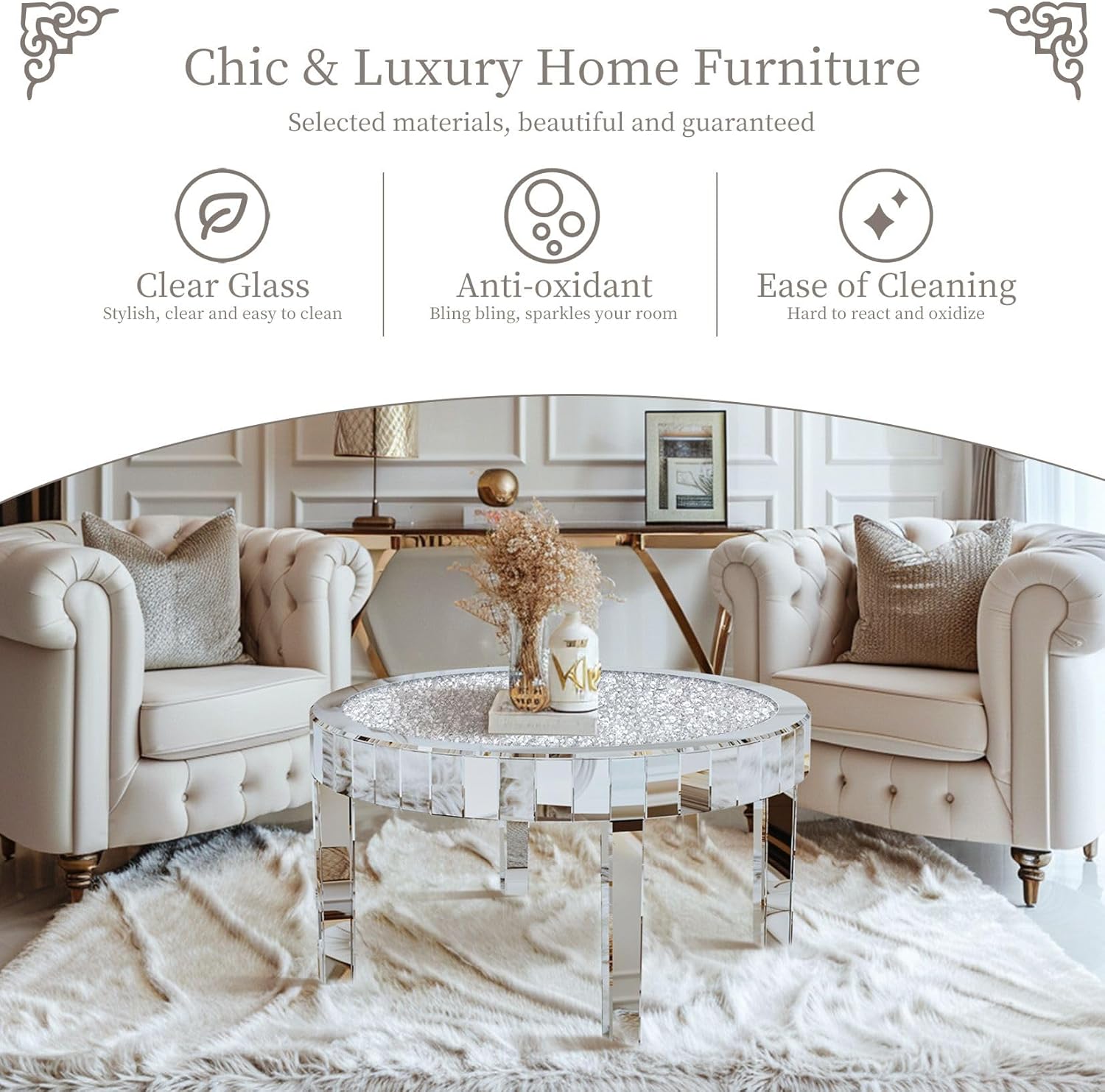 Round Mirrored Diamond Crush Coffee Table