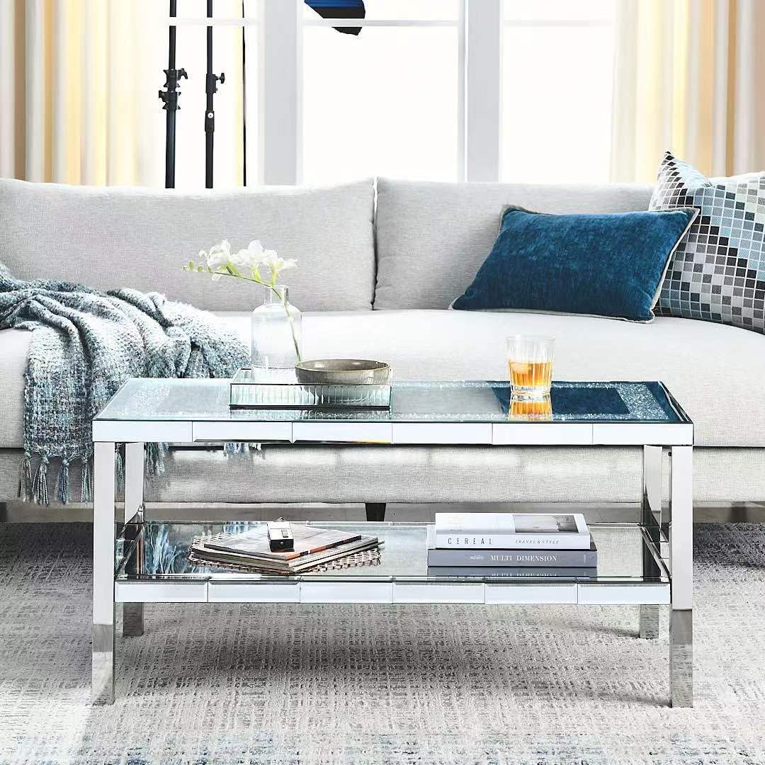 Silver Mirrored Coffee Table, 39" Rectangle Modern