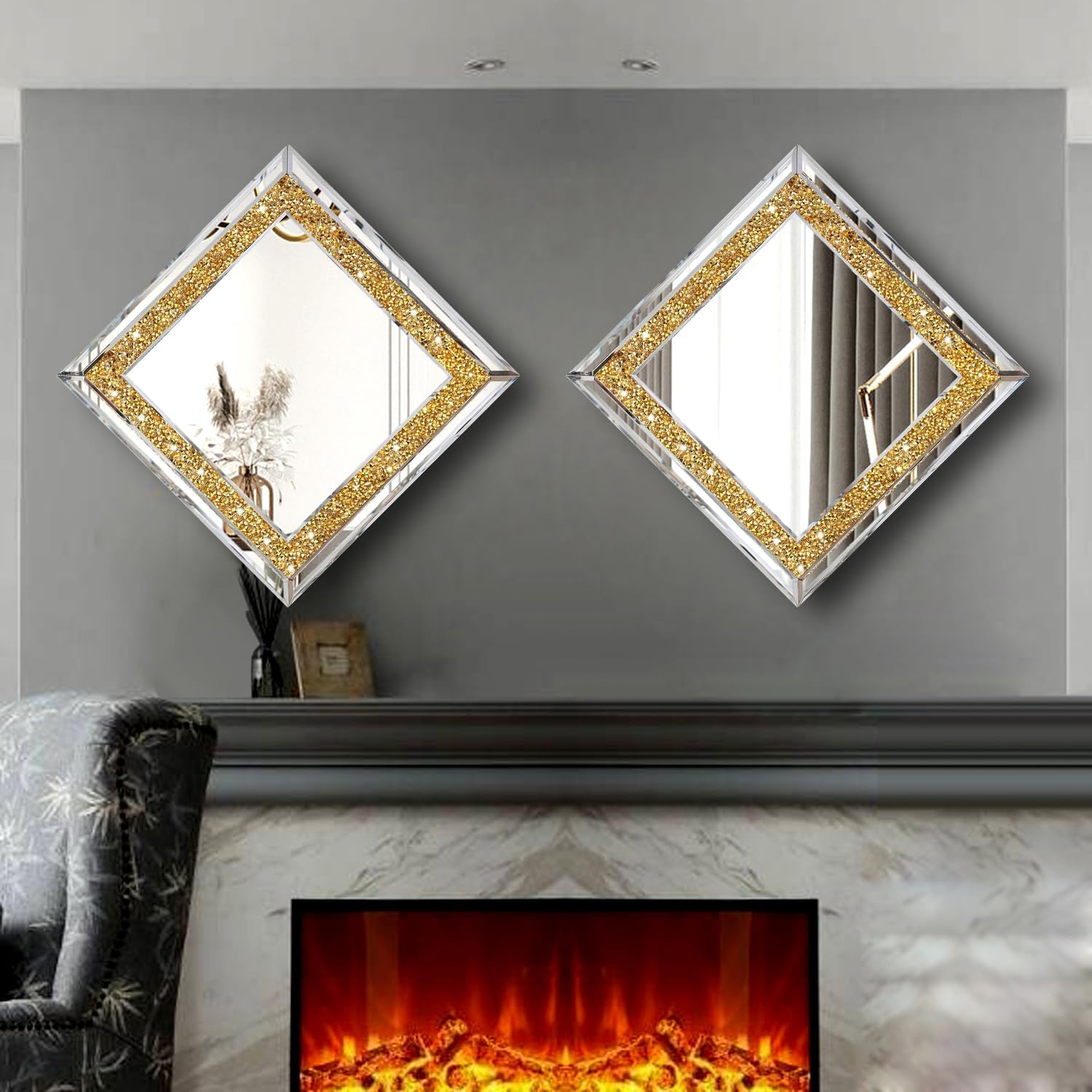 2 Piece Wall Mirrors, Gold Crush Diamond Wall Décor 12x12 inch
