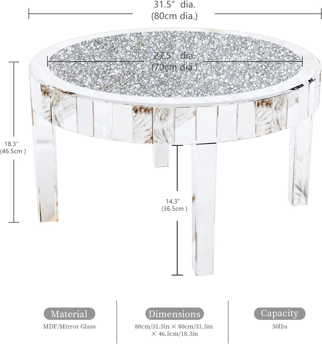 Round Mirrored Diamond Crush Coffee Table