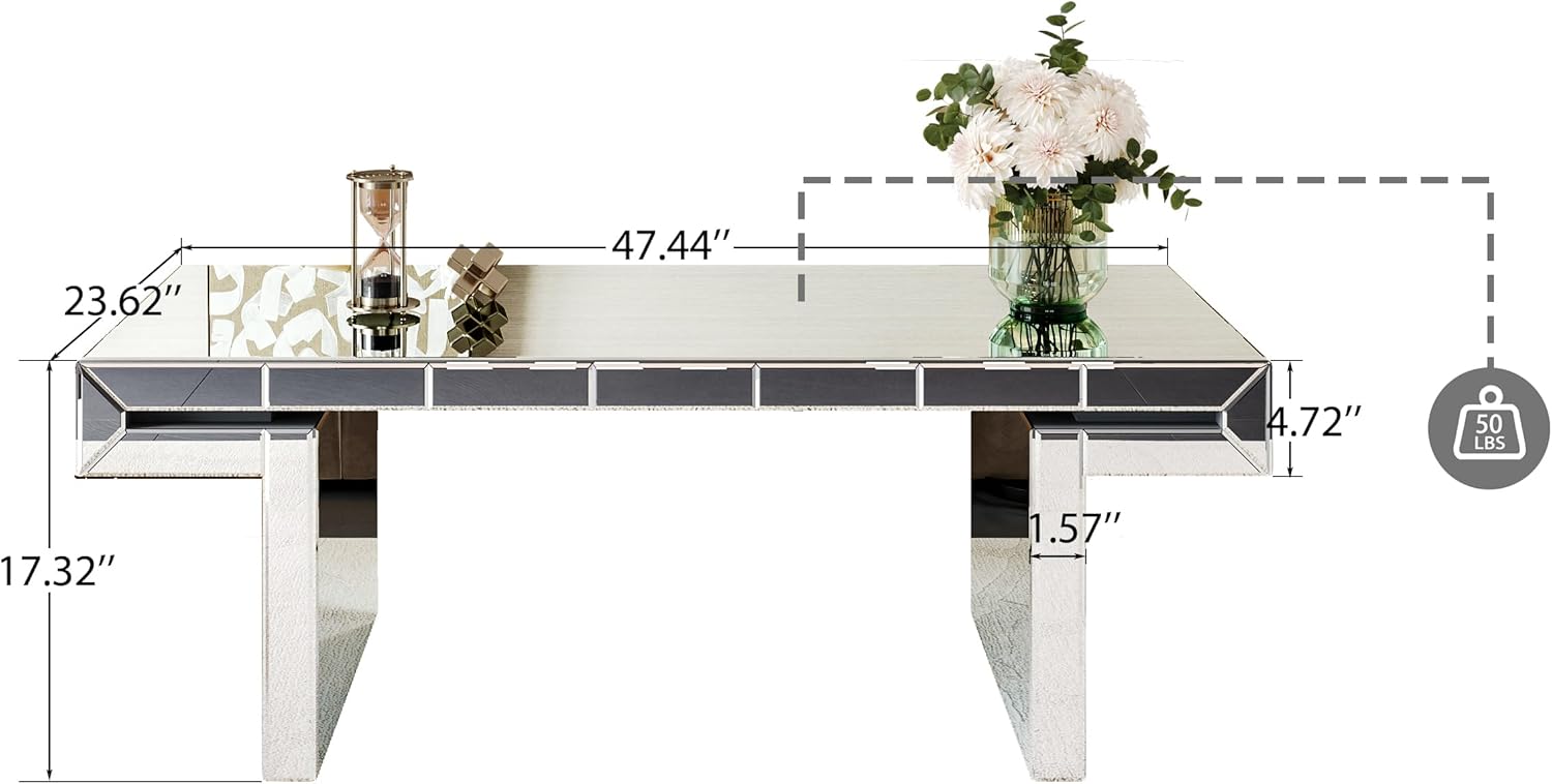Silver Mirrored Coffee Table, 47.2" Rectangle