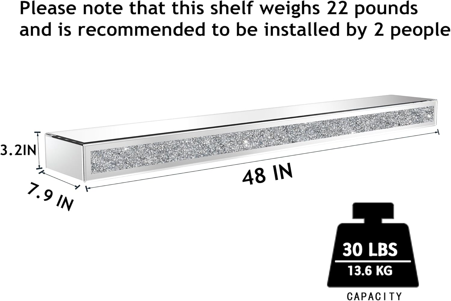 Mantel Mirrored, 48" Glass Floating Mantel Shelf