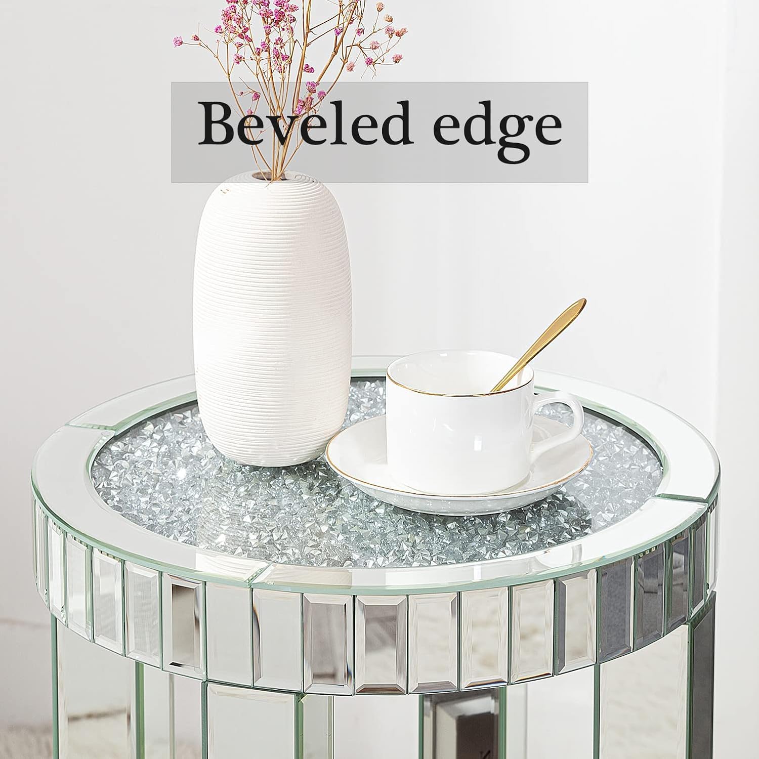 Mirrored End Table Round with Crystals Inlay, 2-Tier