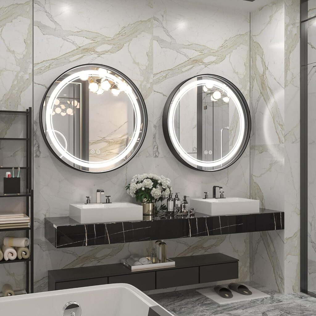 LED Black Framed Wall Round Mirror with Anti-Fog