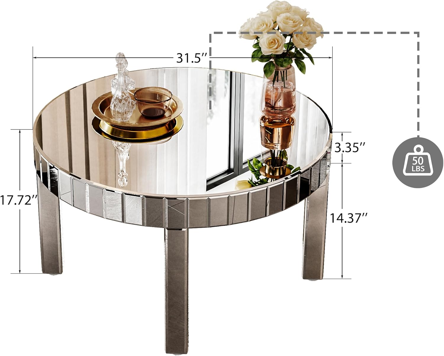 Silver Mirrored Coffee Table, 31.5" Round