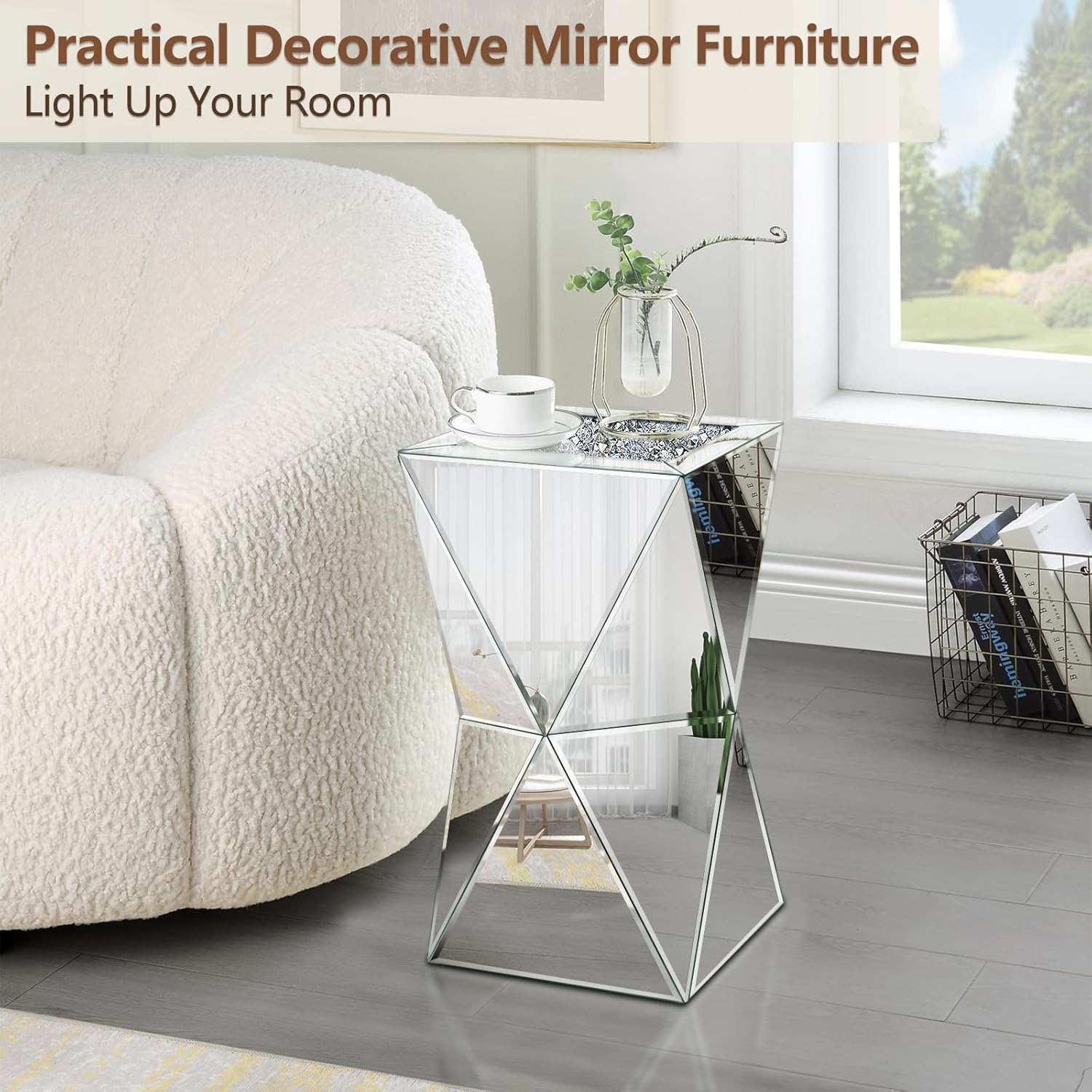 Pregaspor Sliver Mirrored End Table, Crushed Diamond Top Accent Side Table