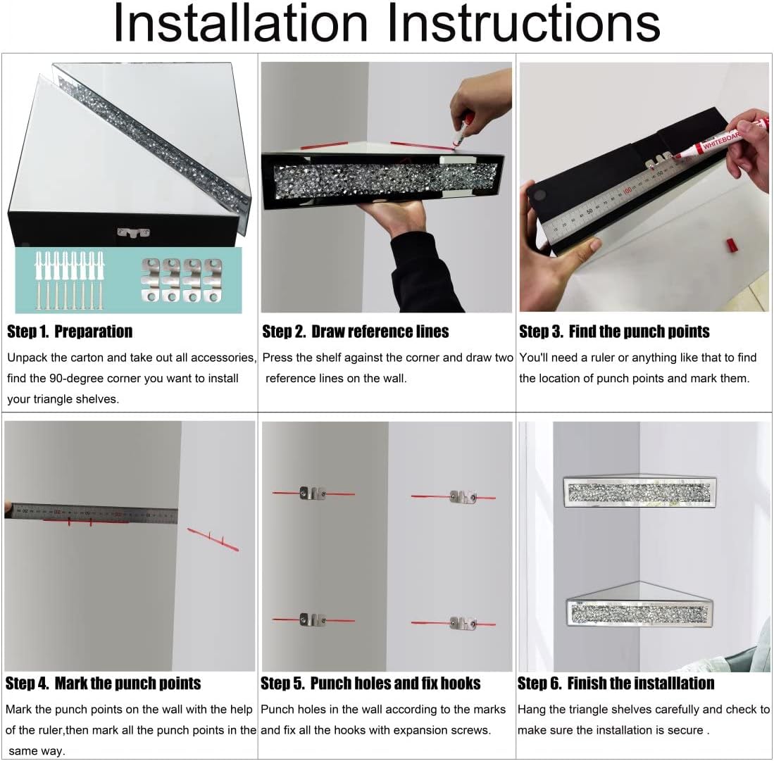 Diamond Crush Mirrored Floating Corner Shelf (Set of 2)