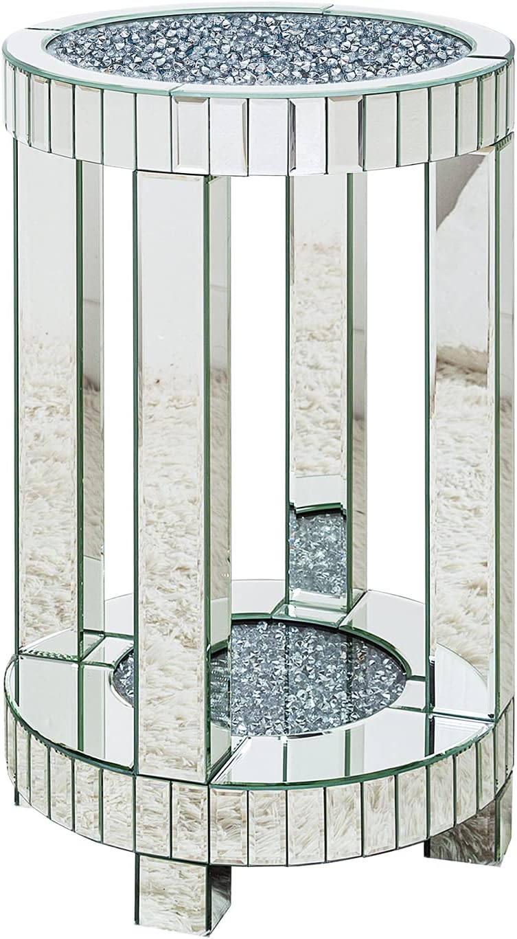 Mirrored End Table Round with Crystals Inlay, 2-Tier