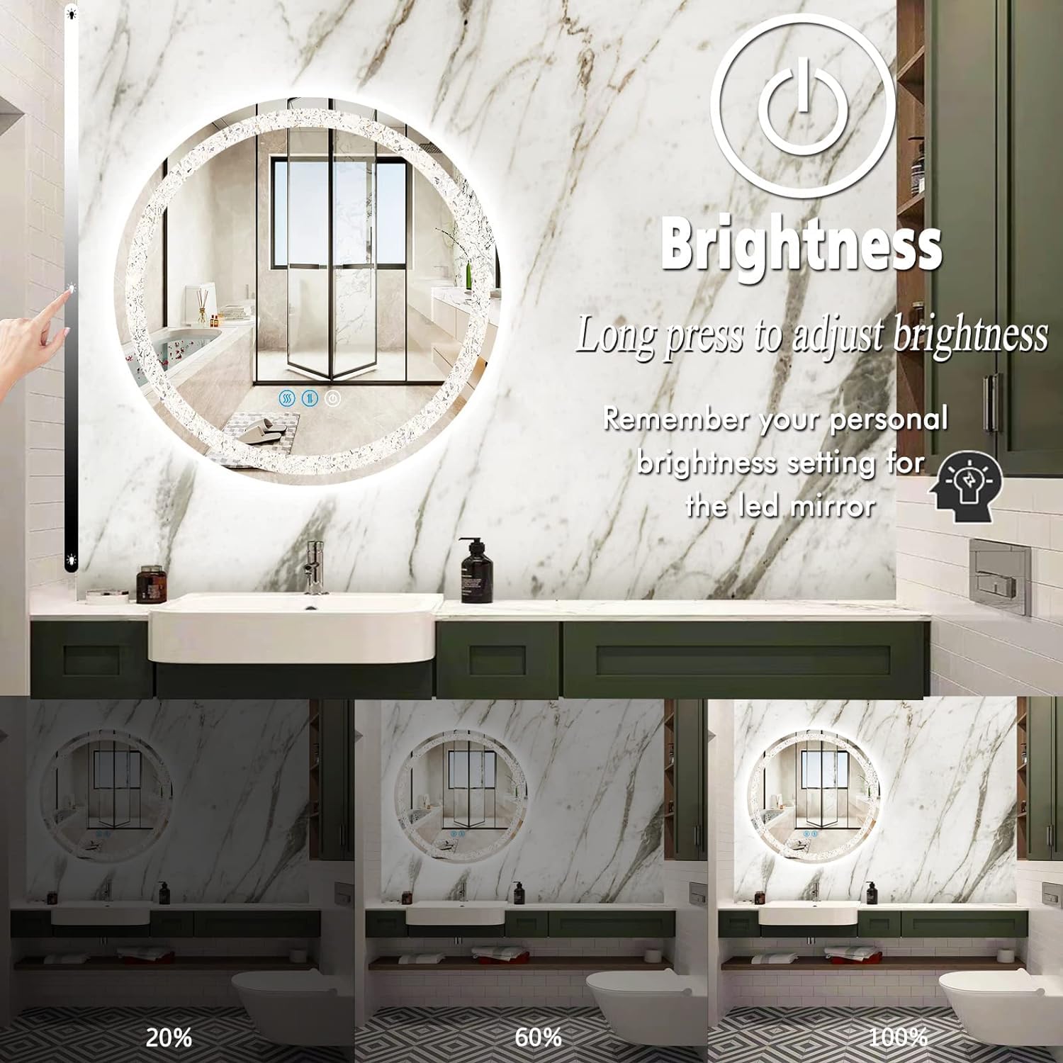 Diamond Crush Crystal Round LED Wall Mirror Frontlite