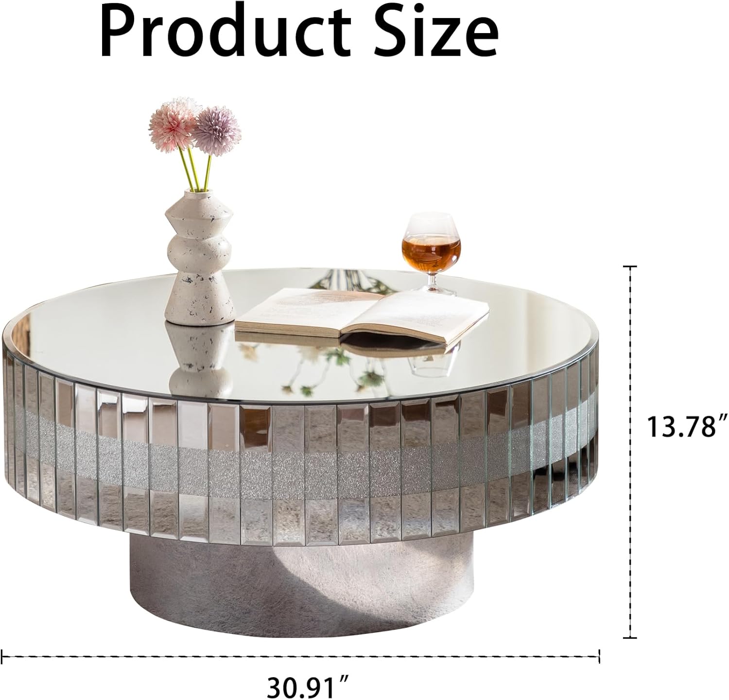 Silver Mirrored Coffee Table, 30.9" Round