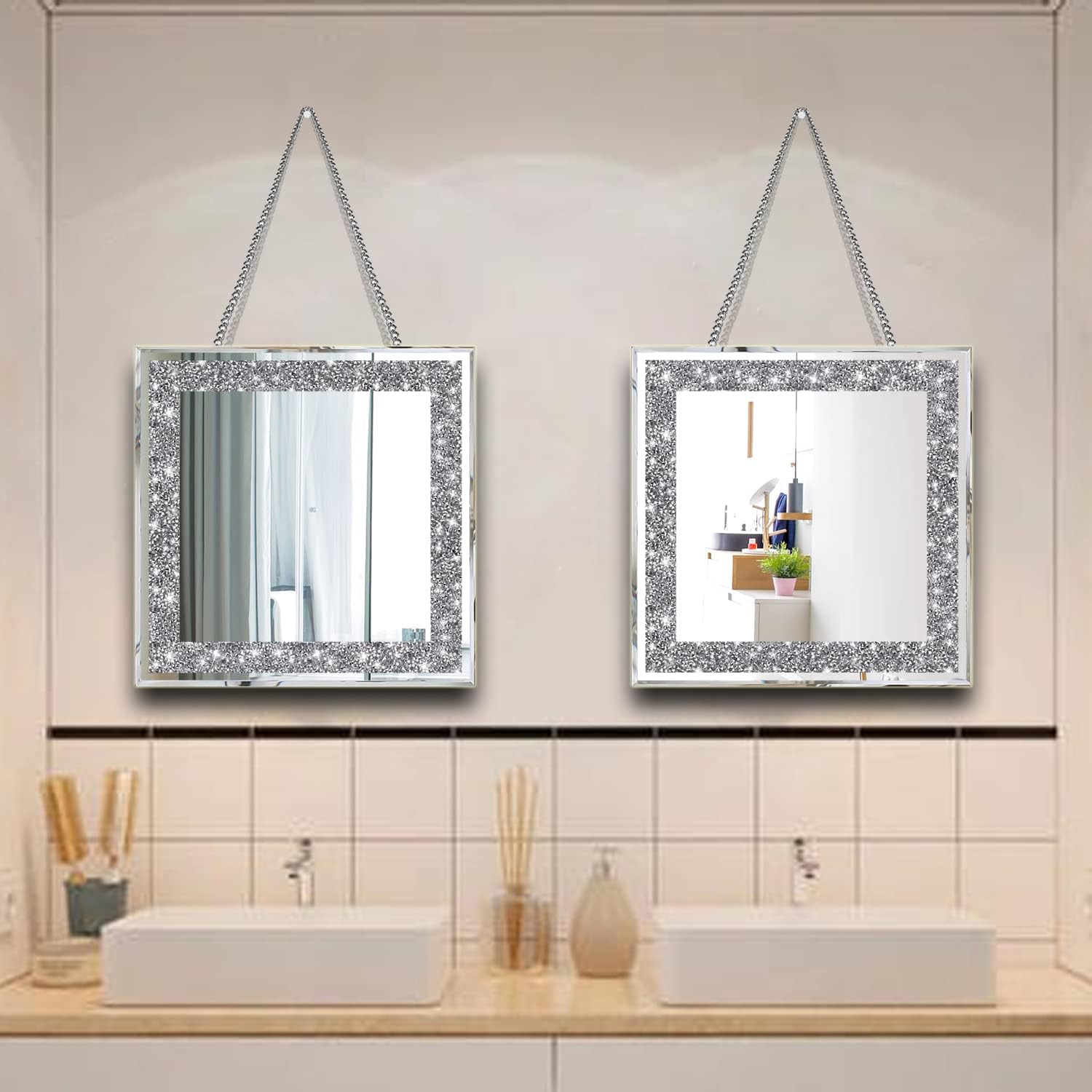 2 Piece Wall Mirrors, Crush Diamond Wall Décor 12x12 inch