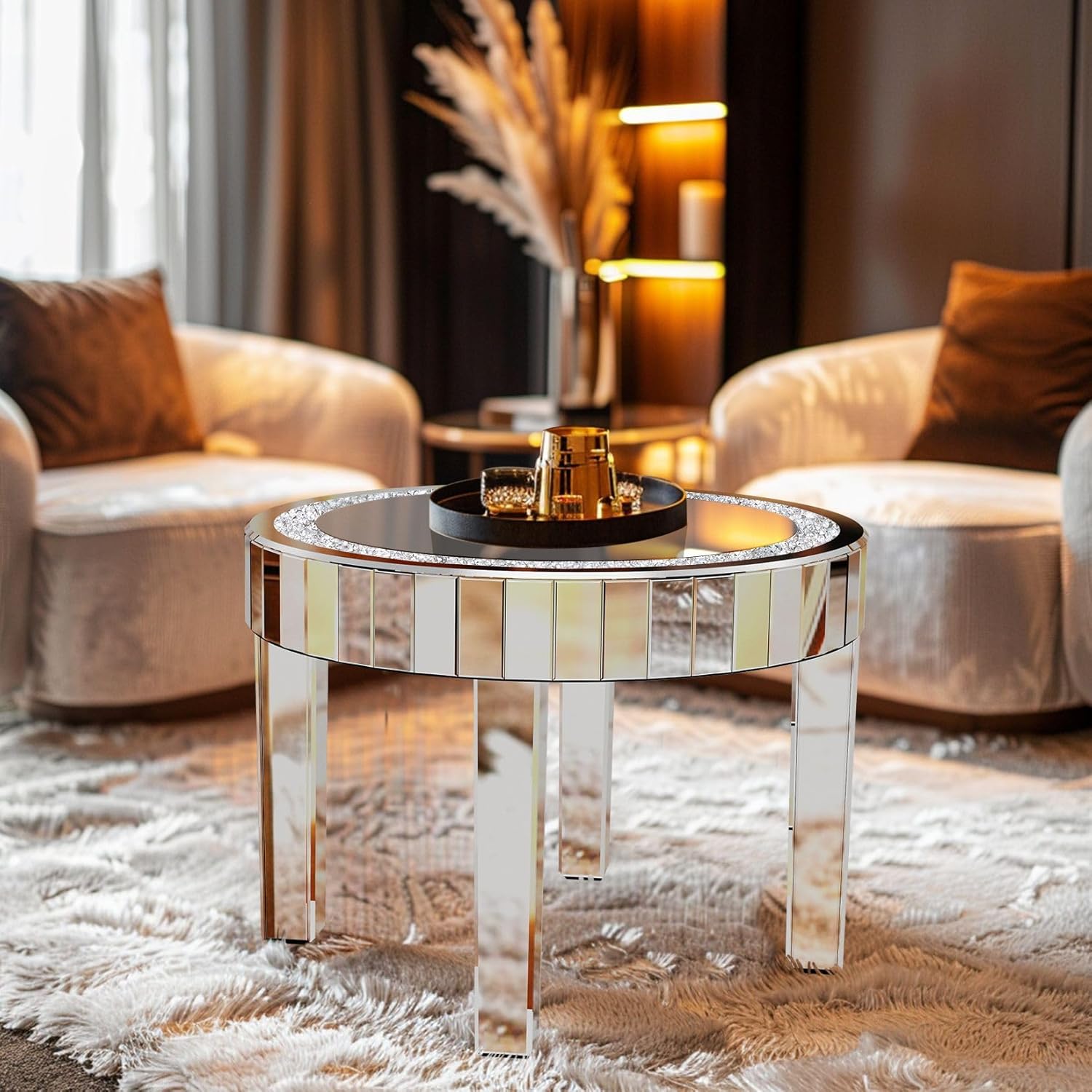 Round Mirrored Diamond Crush Coffee Table